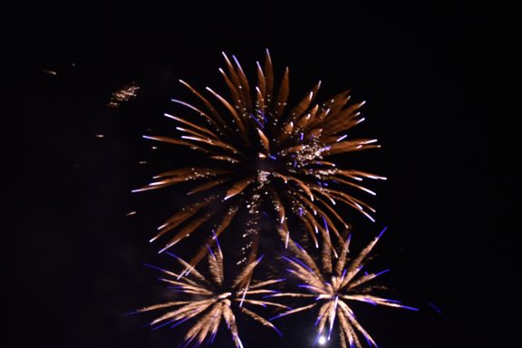 Colourful fireworks bursting in the night sky with vibrant trails and glowing sparks.